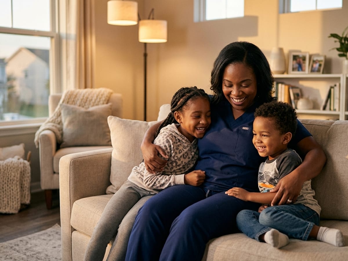 A smiling mother in navy blue medical scrubs hugging her young daughter and son on a beige sofa in a sunlit, cozy living room.